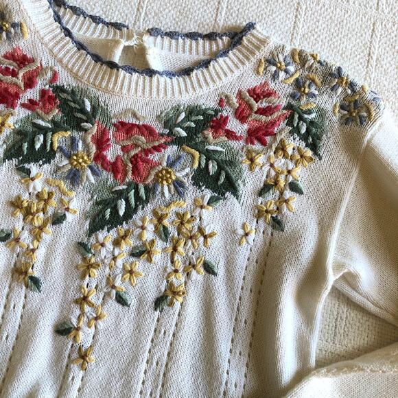 VTG 80s Floral Embroidered Knit Sweater XS Cream Cottagecore Romantic Coquette - Picture 1 of 10
